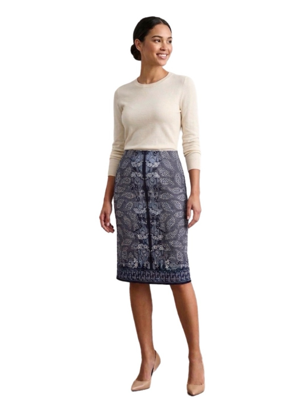 NWT M Max Studio Women’s Navy Paisley Pencil Skirt Business Casual Office